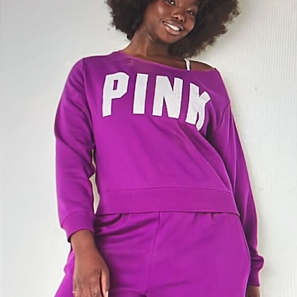 NWT - PINK FLEECE CROPPED SWEATSHIRT in FUCSIA  - Size Large - Picture 4 of 6